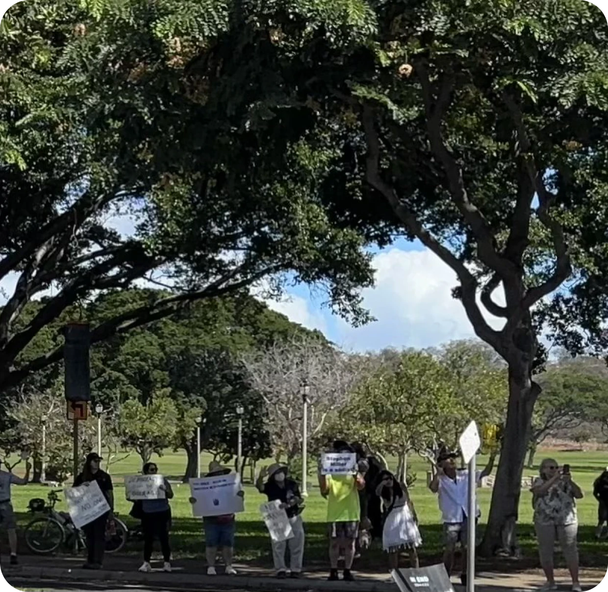 Activists gathered in a park setting