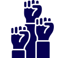 Three blue fists raised in solidarity